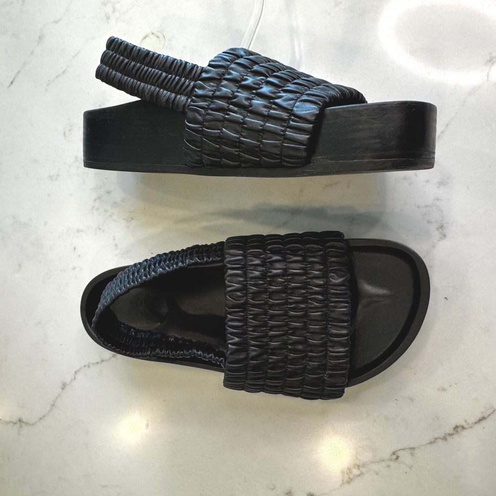 CO Women 7.5 EU 38 Black Ruched Leather Slingback Platform Slide Sandals Italy